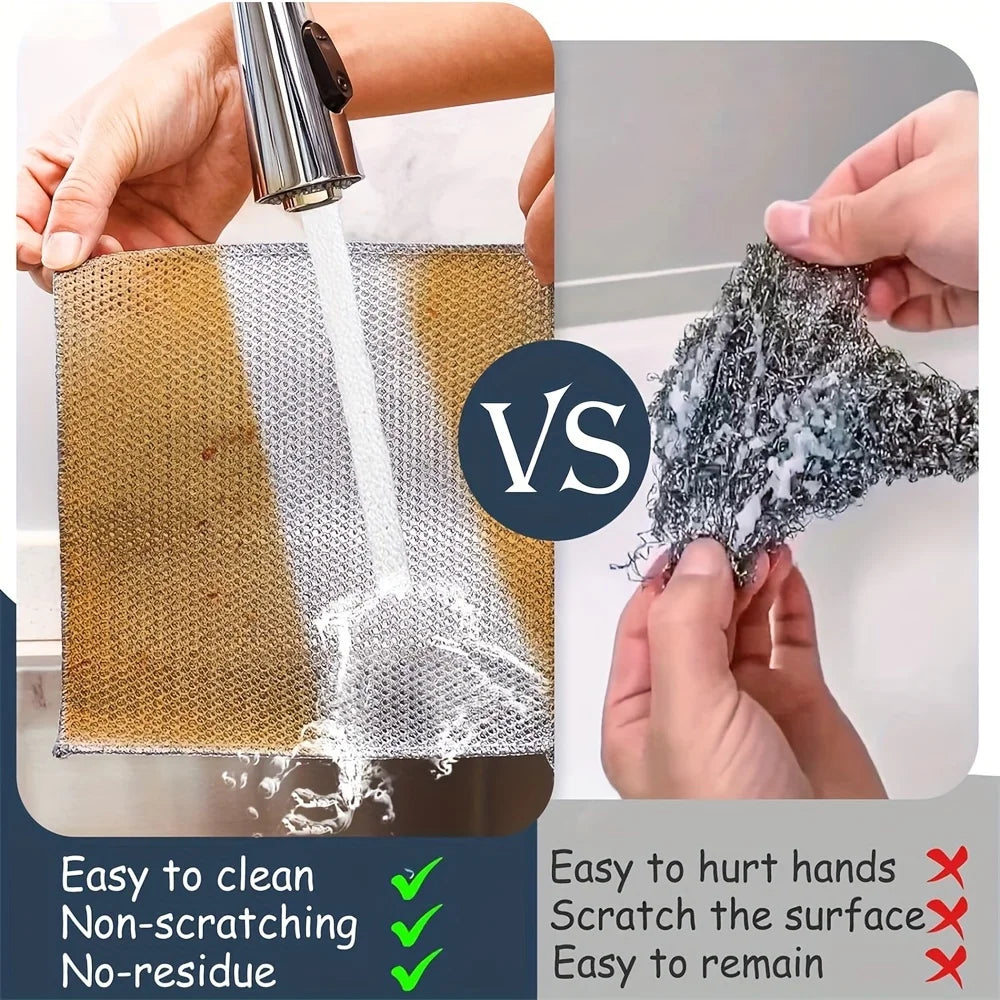 Comparison of a double-layer microfiber cleaning cloth being used for cleaning versus a harsh abrasive material.