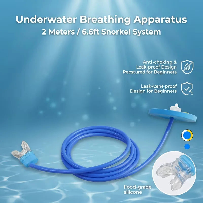 Blue silicone underwater breathing apparatus and snorkel system for beginners
