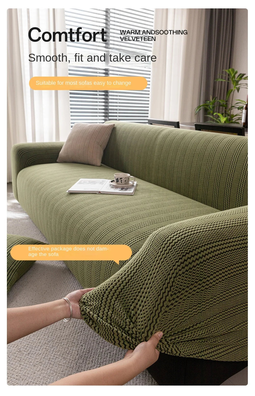 A close-up of a green quilted sofa cover being handled, showing its texture and fit on the furniture.