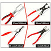 Set of professional hose clamp pliers in red and black with various sizes shown.