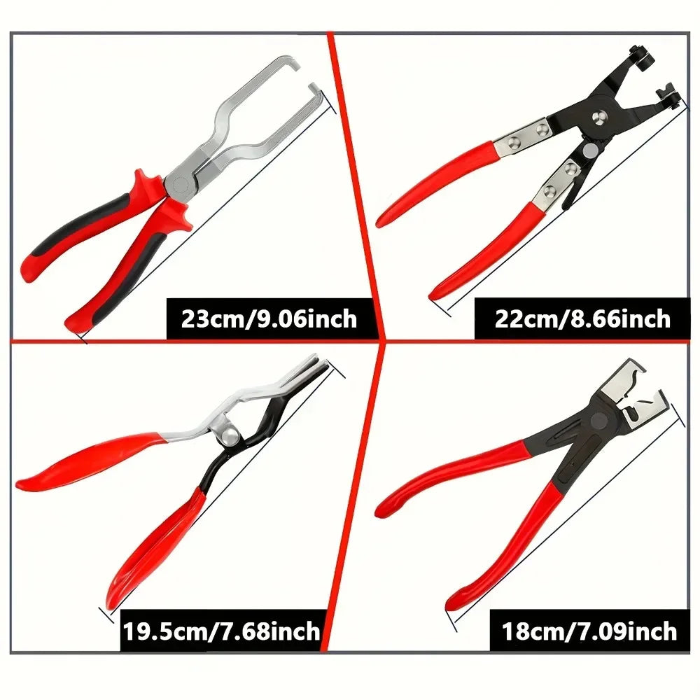Set of professional hose clamp pliers in red and black with various sizes shown.