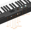 A close-up view of a black 88-key digital piano showing various input and output ports.
