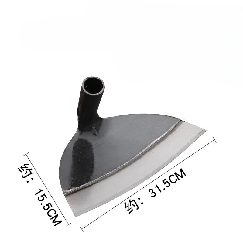 A black manganese steel garden hoe with a wide blade and a narrow handle, shown from the side.