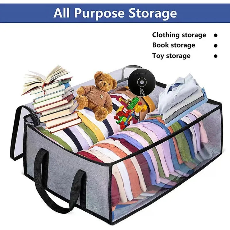 A gray collapsible storage box filled with clothing, books, and a teddy bear for all-purpose storage.