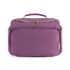 A purple quilted toiletry bag with a gold zipper and handle.