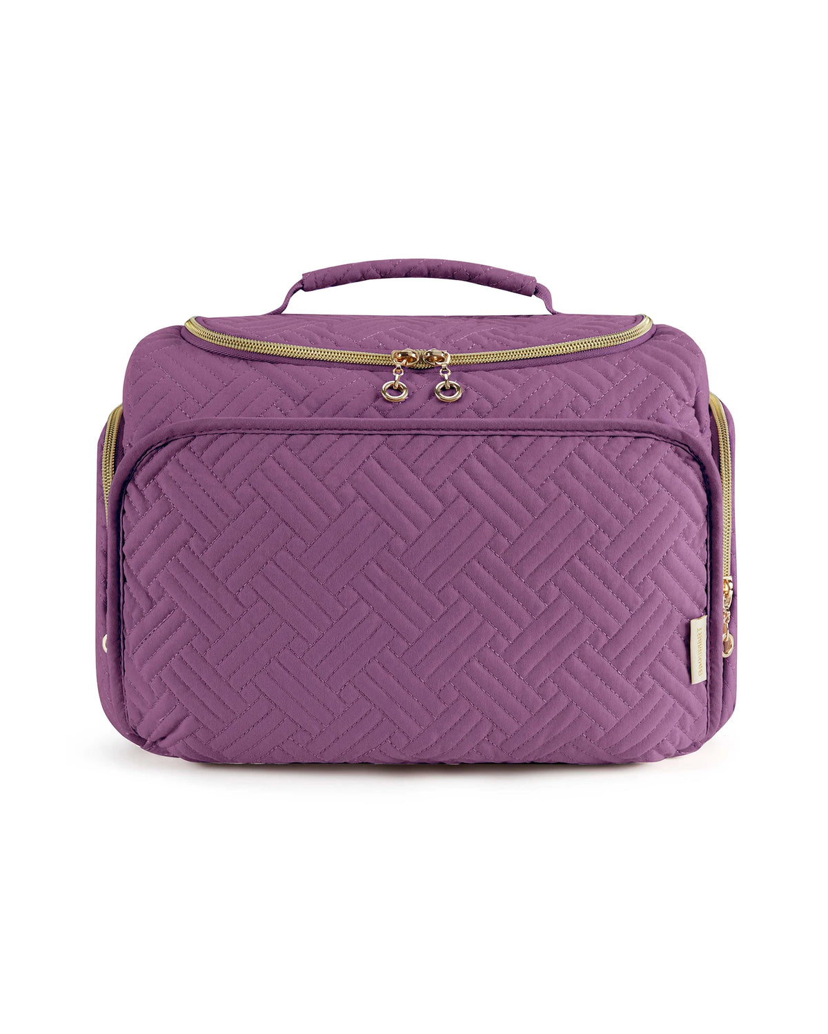 A purple quilted toiletry bag with a gold zipper and handle.