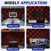 A collection of acoustic foam wedge panels used for soundproofing and studio treatment in various room setups.