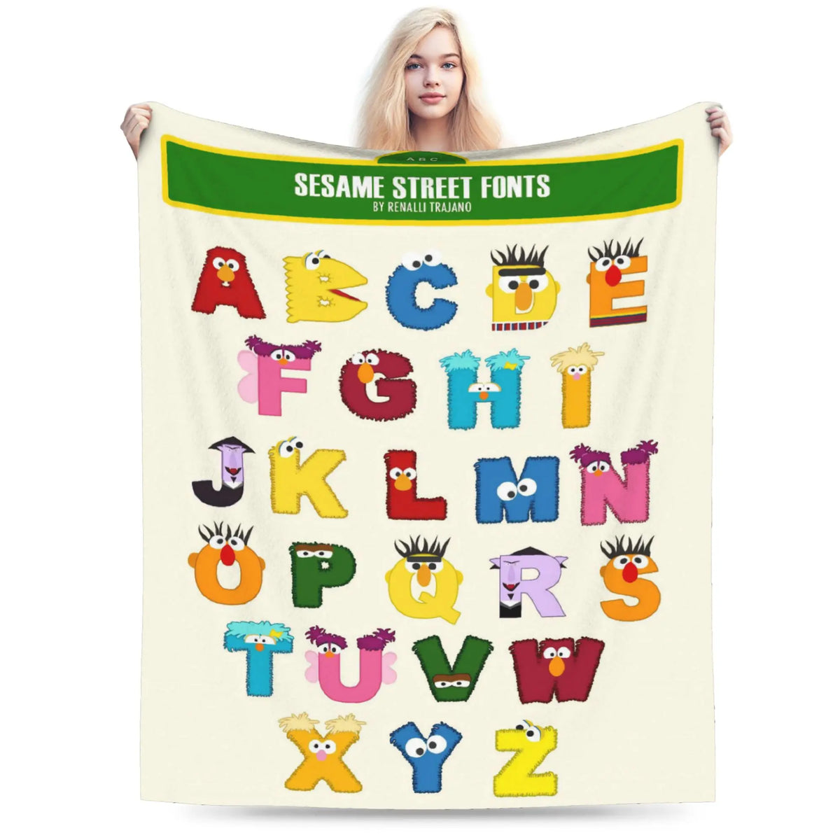 A beige flannel throw blanket featuring colorful alphabet fonts from Sesame Street.