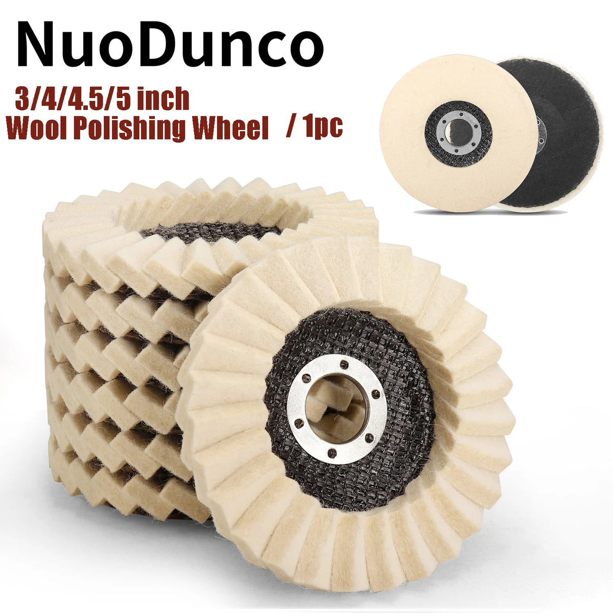 A set of three light beige wool polishing wheels for grinders, including a 3/4 inch wheel and a 5 inch wheel.
