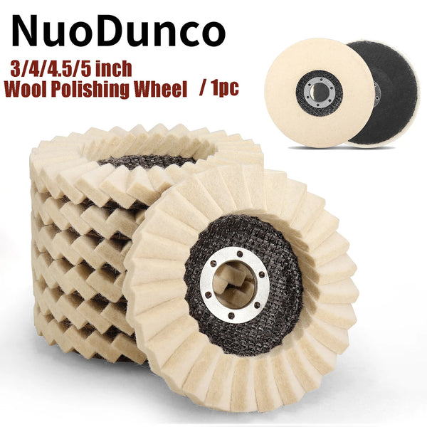 A set of three light beige wool polishing wheels for grinders, including a 3/4 inch wheel and a 5 inch wheel.