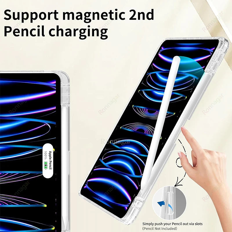 A clear protective case for an iPad showing a magnetic pencil charging feature.