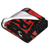 A black fleece throw blanket featuring a red and white design inspired by Friday the 13th.