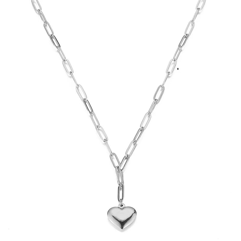 Stainless Steel Paperclip Chain Heart Pendant Necklace