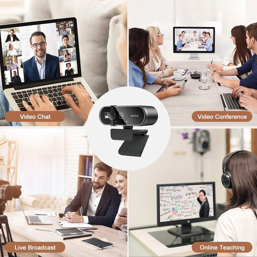 A collection of images showing various uses of a 4K Auto-Focus Webcam with Built-in Microphone for video chat, conference, br