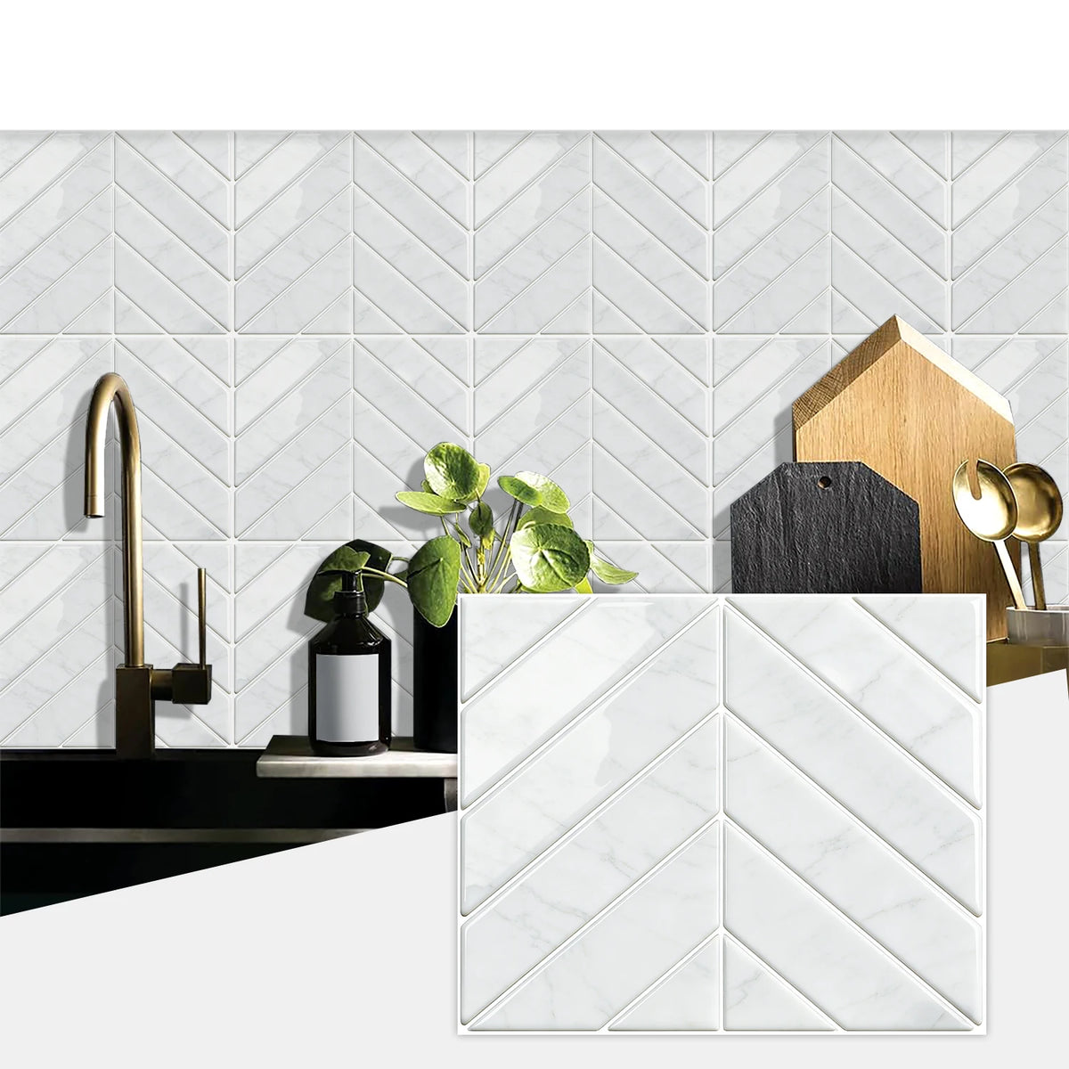 White marble herringbone peel-and-stick wall tiles displayed on a modern kitchen backsplash.
