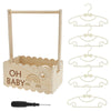 A rustic wooden baby shower crate with a handle and a set of wooden baby hangers.