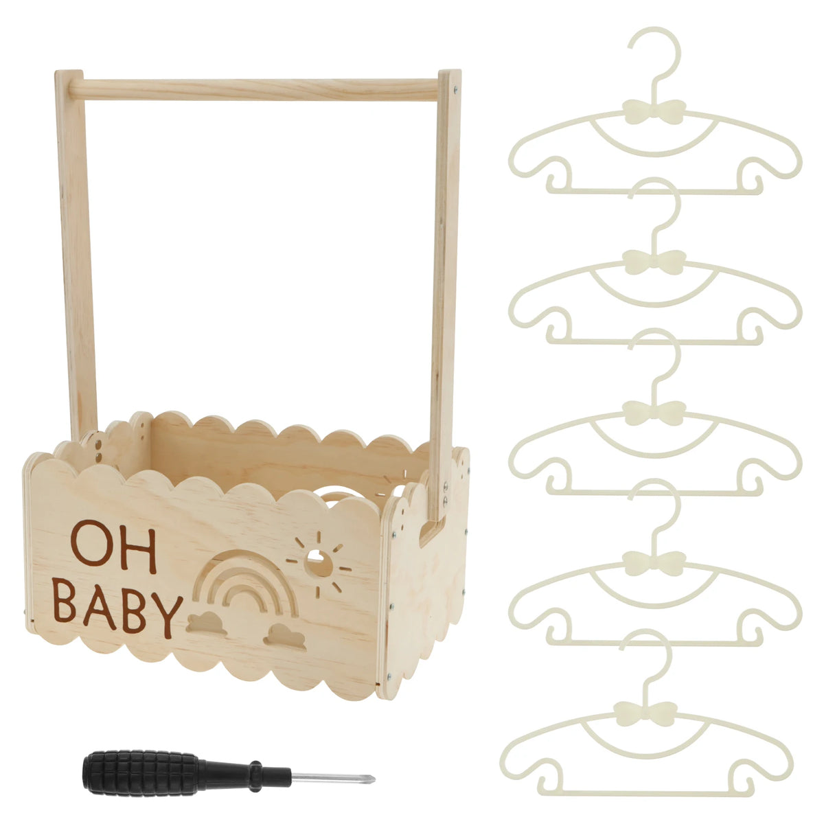 A rustic wooden baby shower crate with a handle and a set of wooden baby hangers.