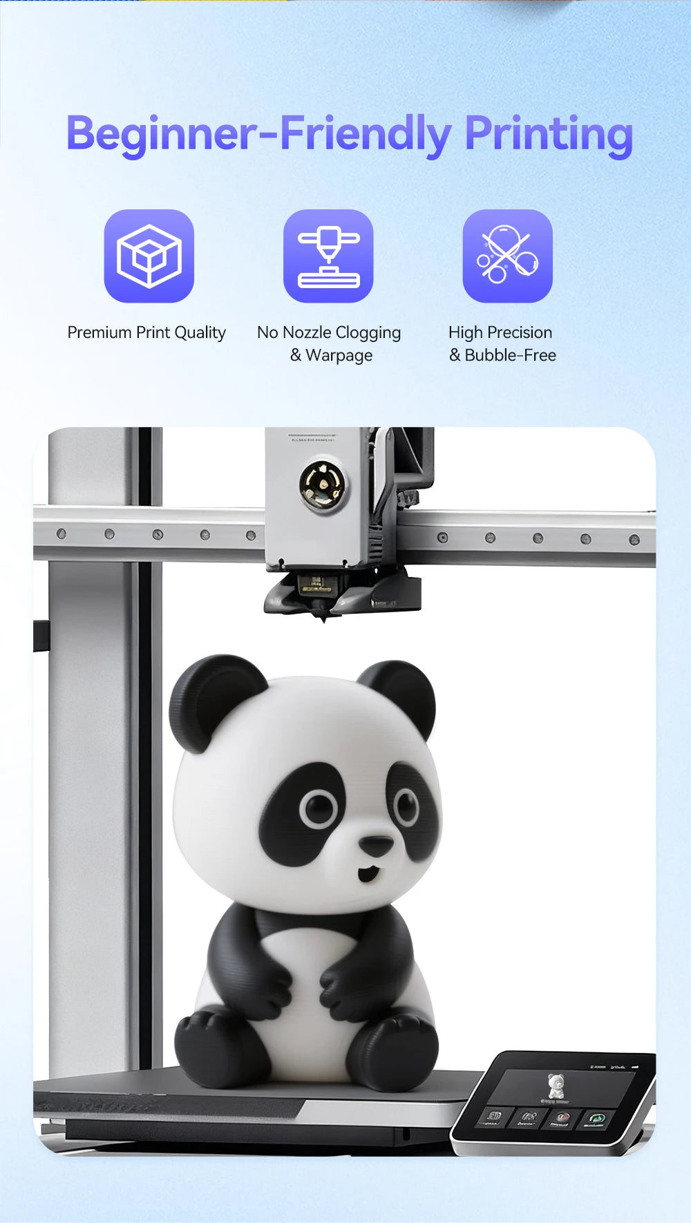 A white and black panda figurine is being printed using a 3D printer setup.