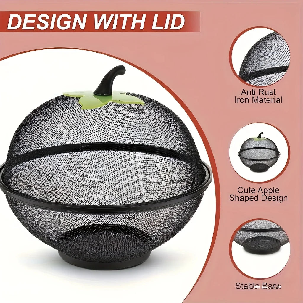 Black metal fruit basket with a mesh lid and a cute apple-shaped design