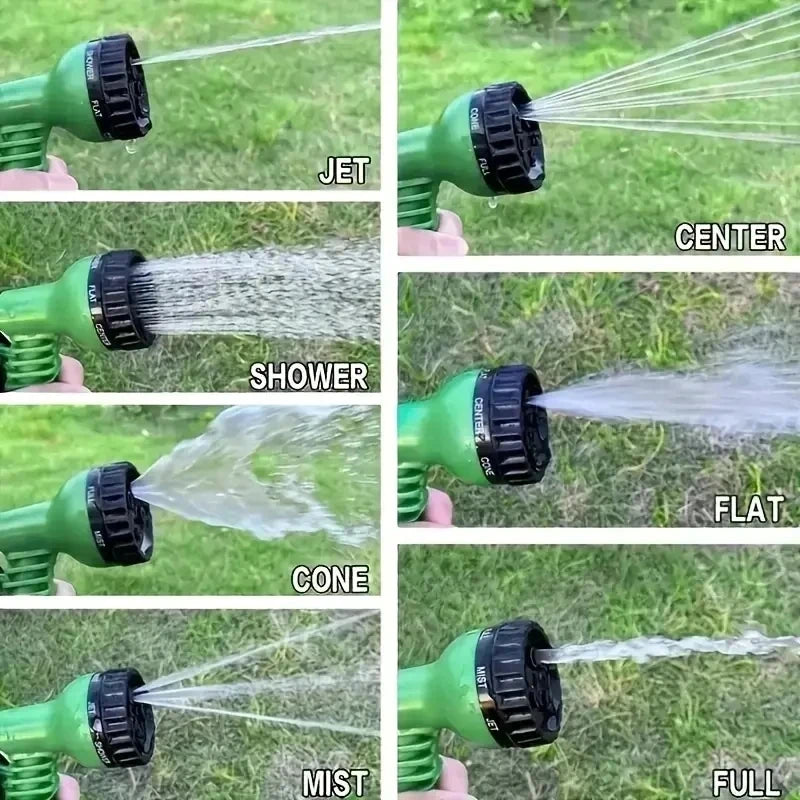 A green garden hose is shown spraying water in various patterns including jet, center, shower, cone, mist, and full spray.
