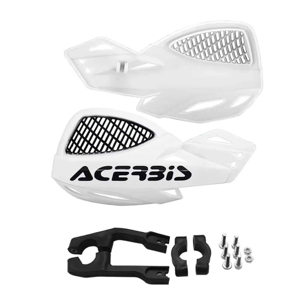 White universal motorcycle hand guards with mounting hardware and nylon shields