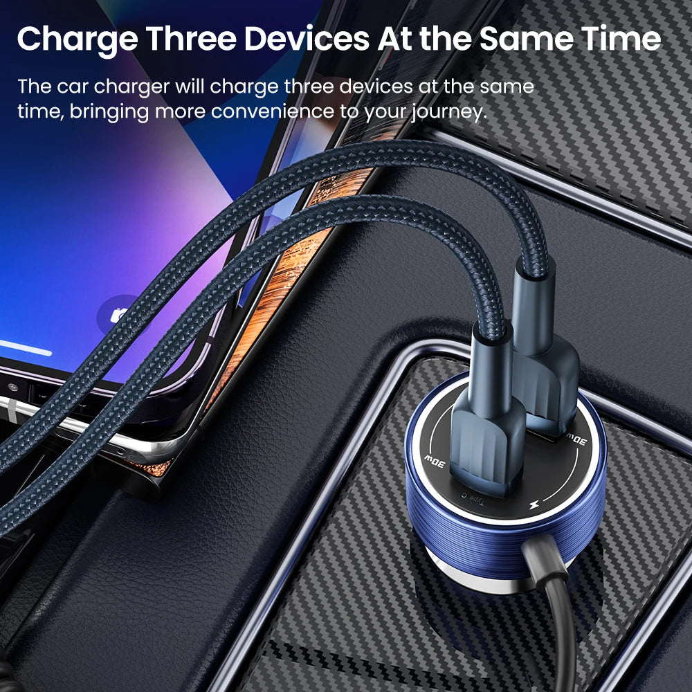 60W USB-C Car Charger with Built-In Spring Cable