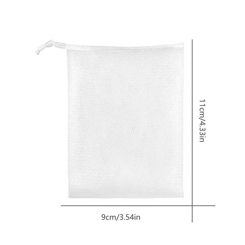 White exfoliating foaming soap net bag with dimensions 9cm by 11cm