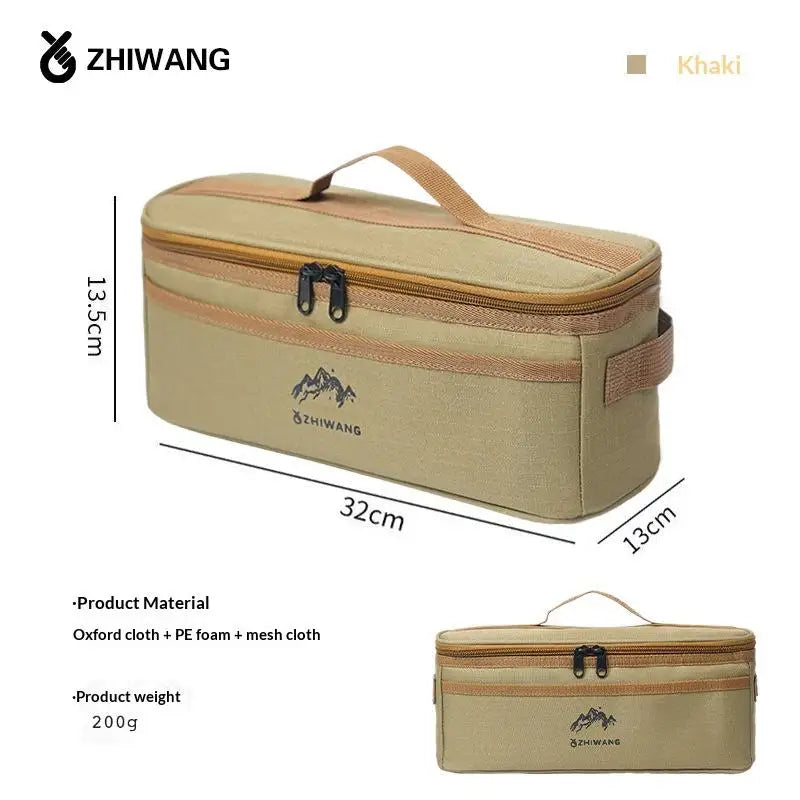 A tan Oxford cloth storage bag for camping tableware with a zipper and logo.