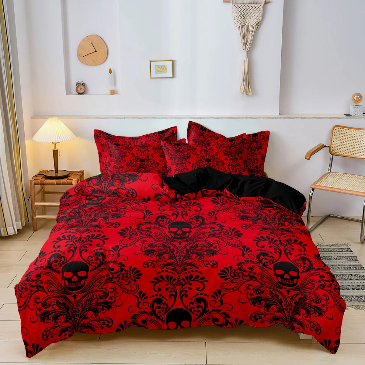 Gothic Skull Print Duvet Cover Set with Pillowcases - Soft Polyester Bedding for Adults