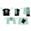 A set of five numbered components for folding a t-shirt, including the shirt and various folding boards.