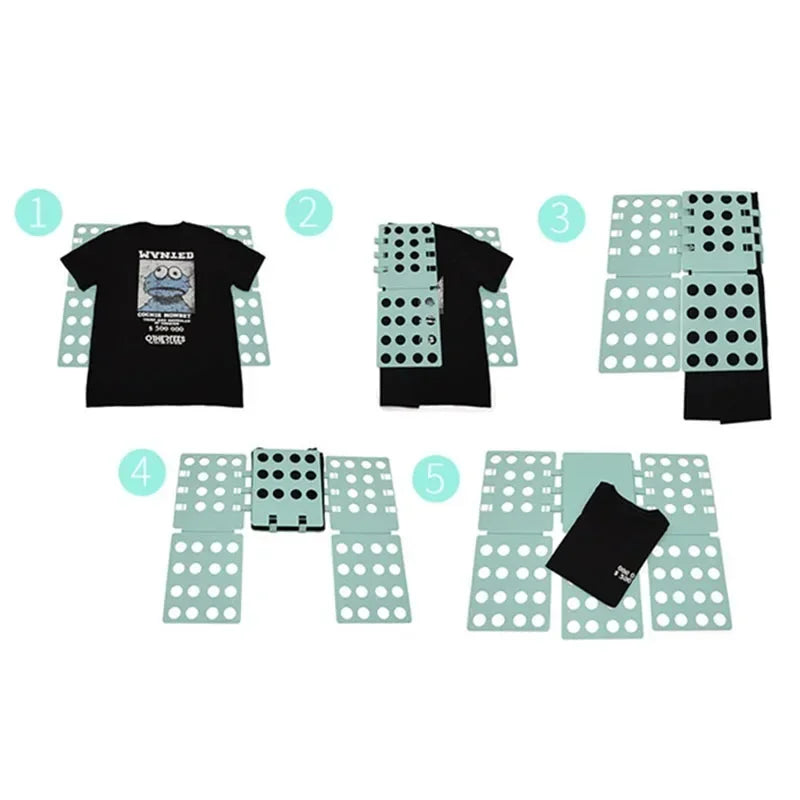 A set of five numbered components for folding a t-shirt, including the shirt and various folding boards.