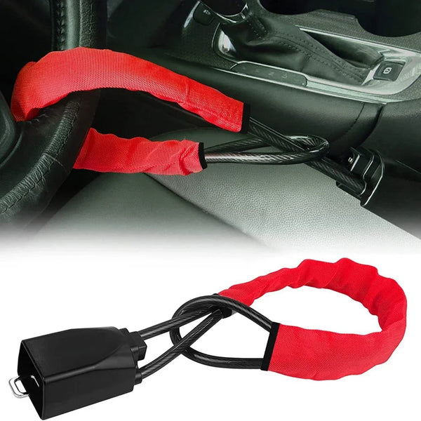 Red anti-theft lock for steering wheel and seat belt with two keys