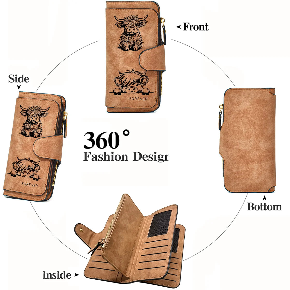 Adorable Highland Cow Long Wallet with Zipper Closure
