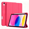 A pink magnetic flip tablet case with a built-in pencil holder and an iPad inside.
