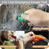 A hand holds a green tool featuring a window breaker, survival whistle, and seatbelt cutter for emergency escape.