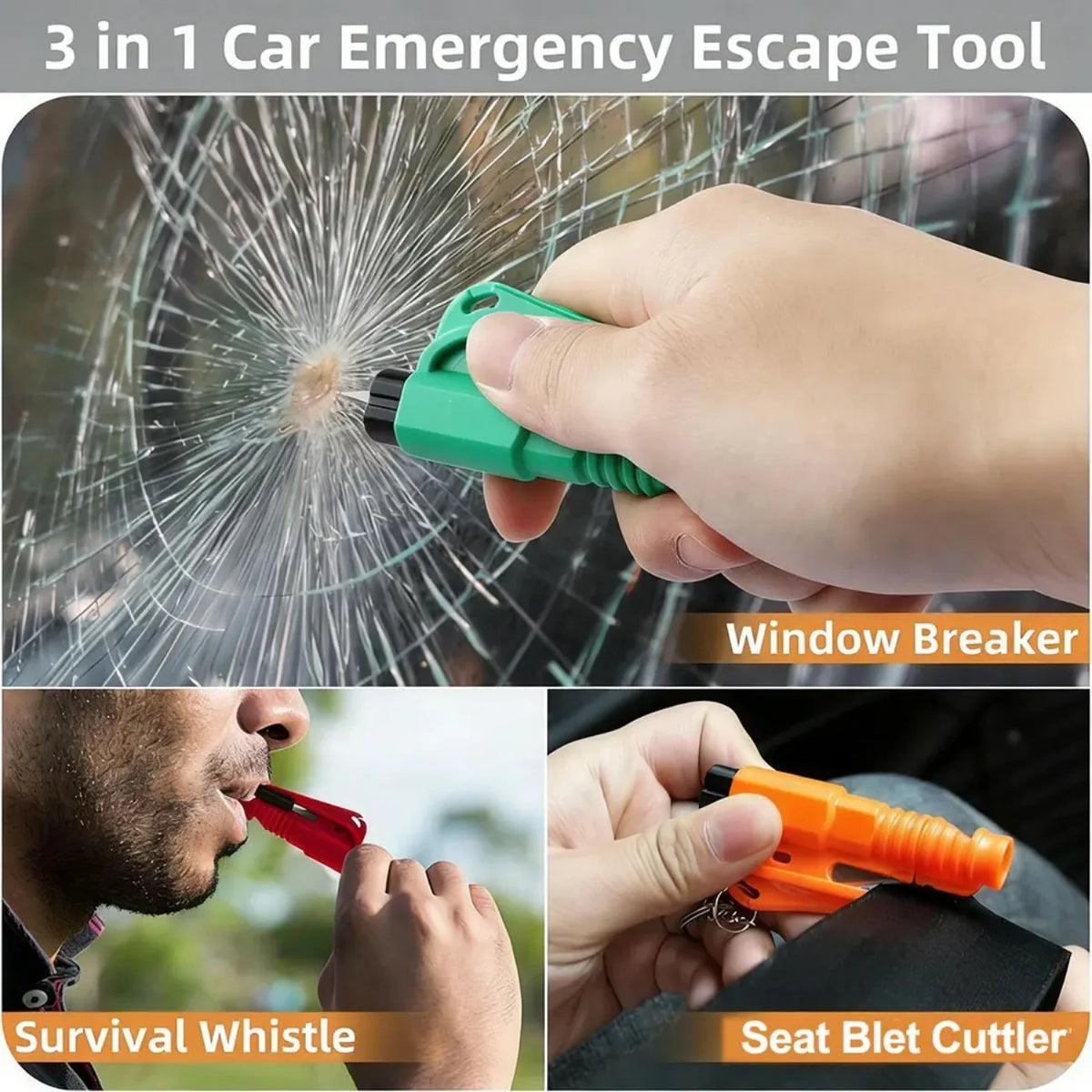 A hand holds a green tool featuring a window breaker, survival whistle, and seatbelt cutter for emergency escape.