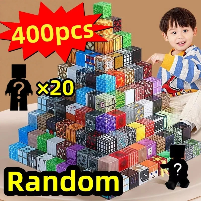A pile of colorful magnetic building blocks in various shades and shapes, with a young child holding some of the pieces.