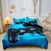 A blue duvet cover featuring a gamer theme print with controller and keyboard graphics.