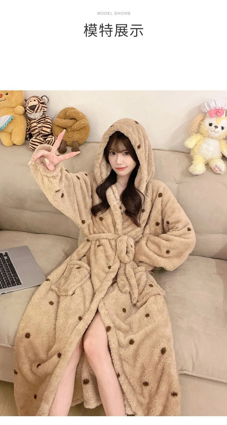 Women's Leopard Print Hooded Flannel Bathrobe