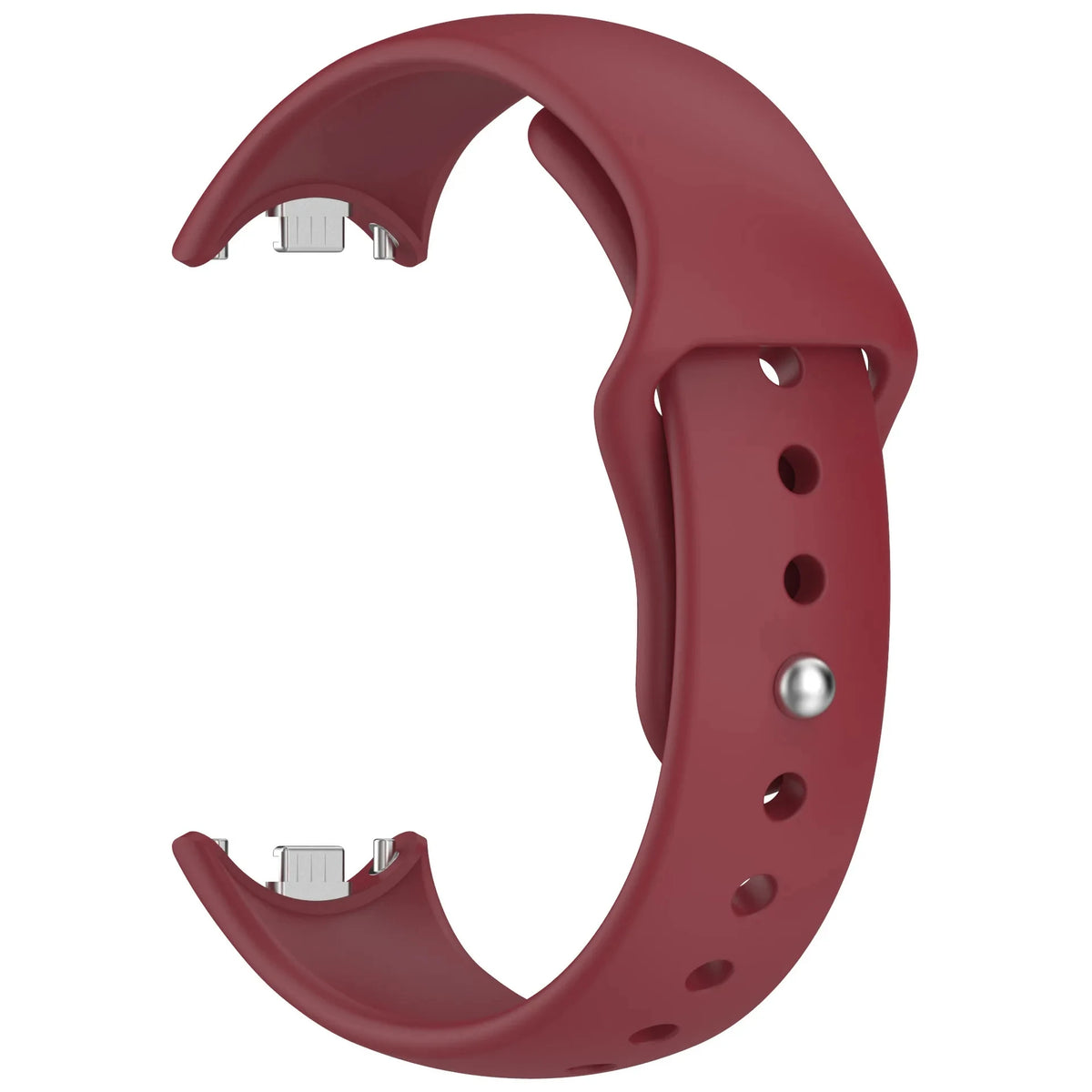 A close-up view of a red silicone replacement strap for a fitness tracker, showing the buckle and strap design.