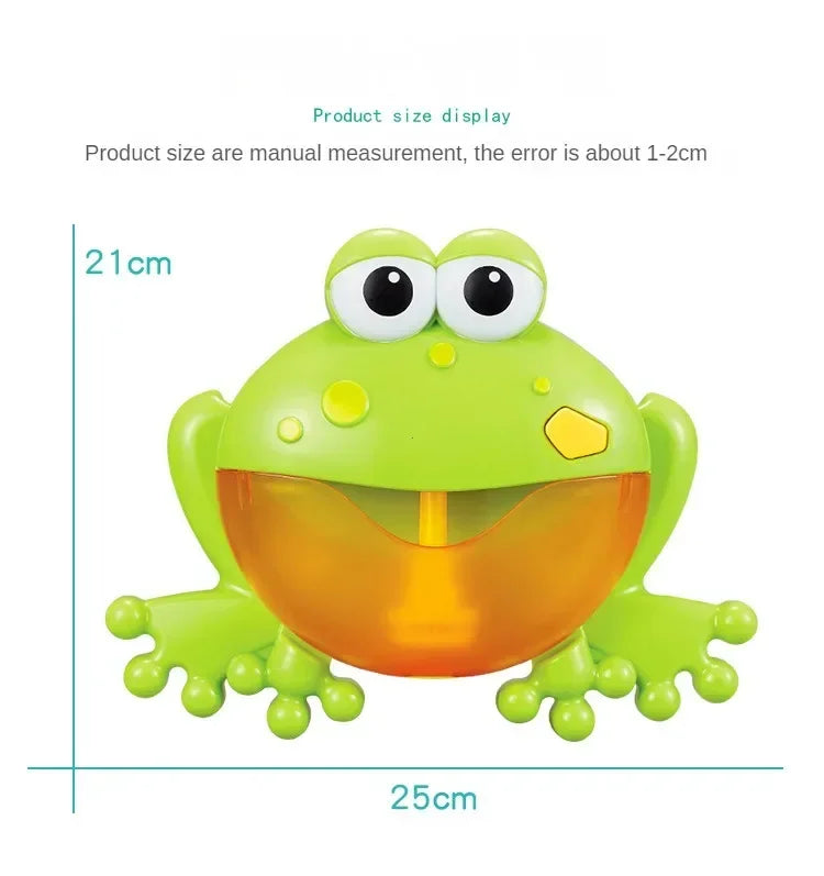 A bright green musical bubble maker bath toy shaped like a frog with large eyes and an open mouth.
