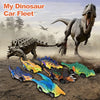 A set of six dinosaur pull-back toy cars in various colors and types, including a large theropod dinosaur.