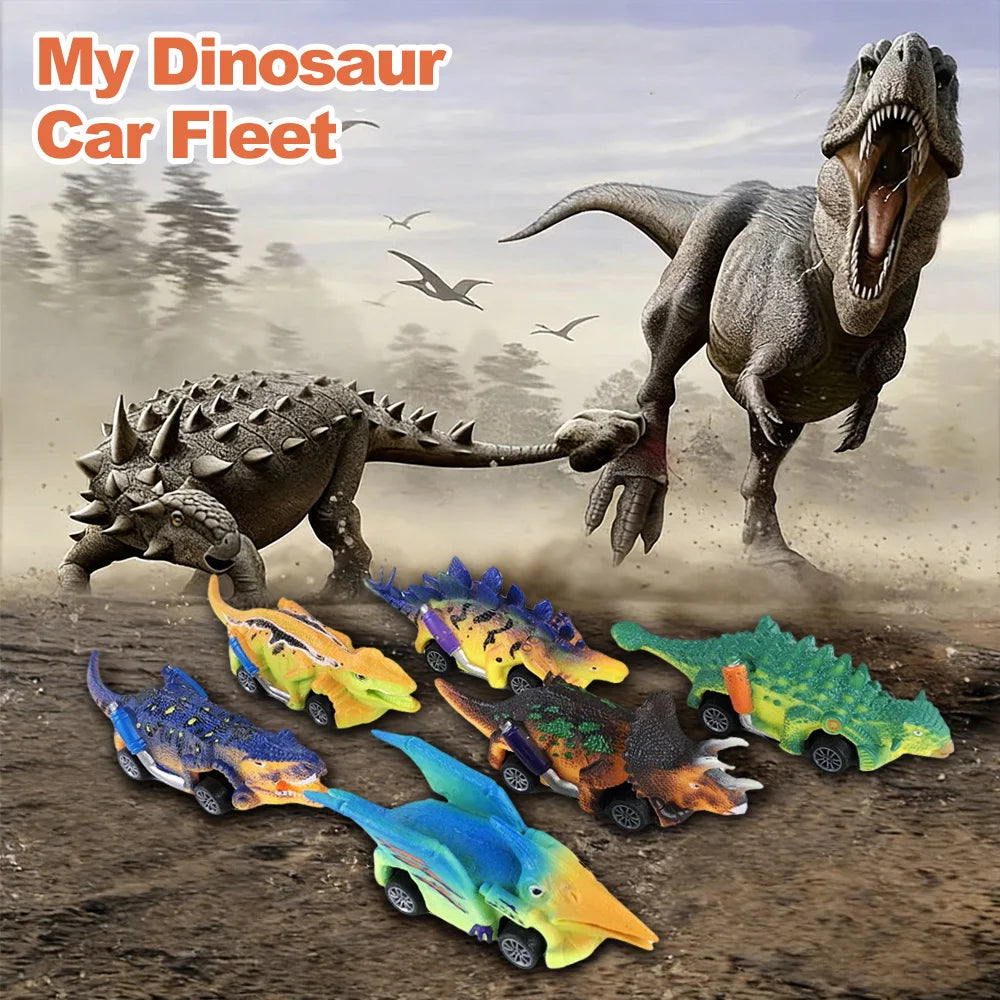 A set of six dinosaur pull-back toy cars in various colors and types, including a large theropod dinosaur.