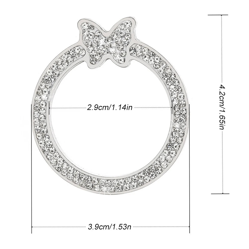 Silver crystal rhinestone butterfly ring with a round design and a decorative butterfly charm