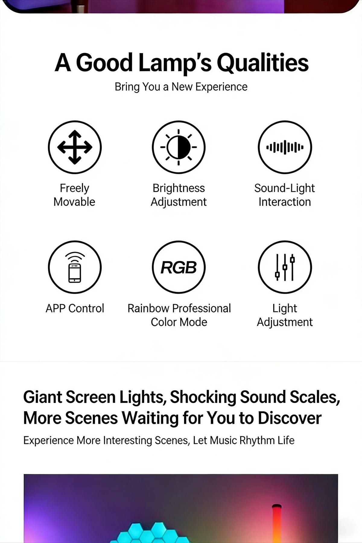 A graphic listing the qualities of a good lamp including freely movable, brightness adjustment, sound-light interaction, app 