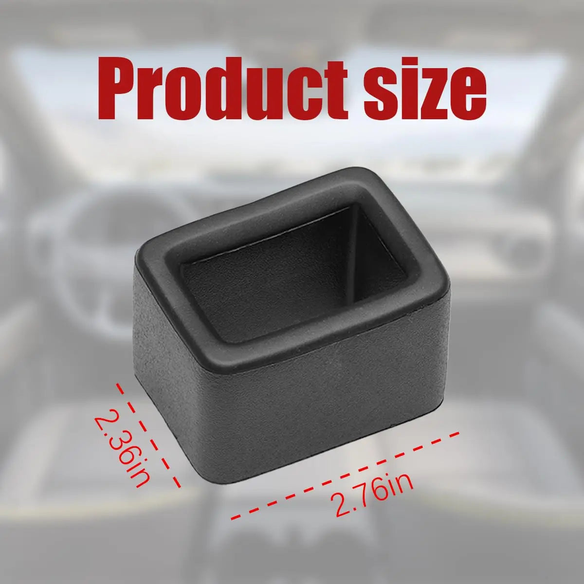 A black protective cover for a car seatbelt buckle is shown with dimensions 2.36in by 2.76in.