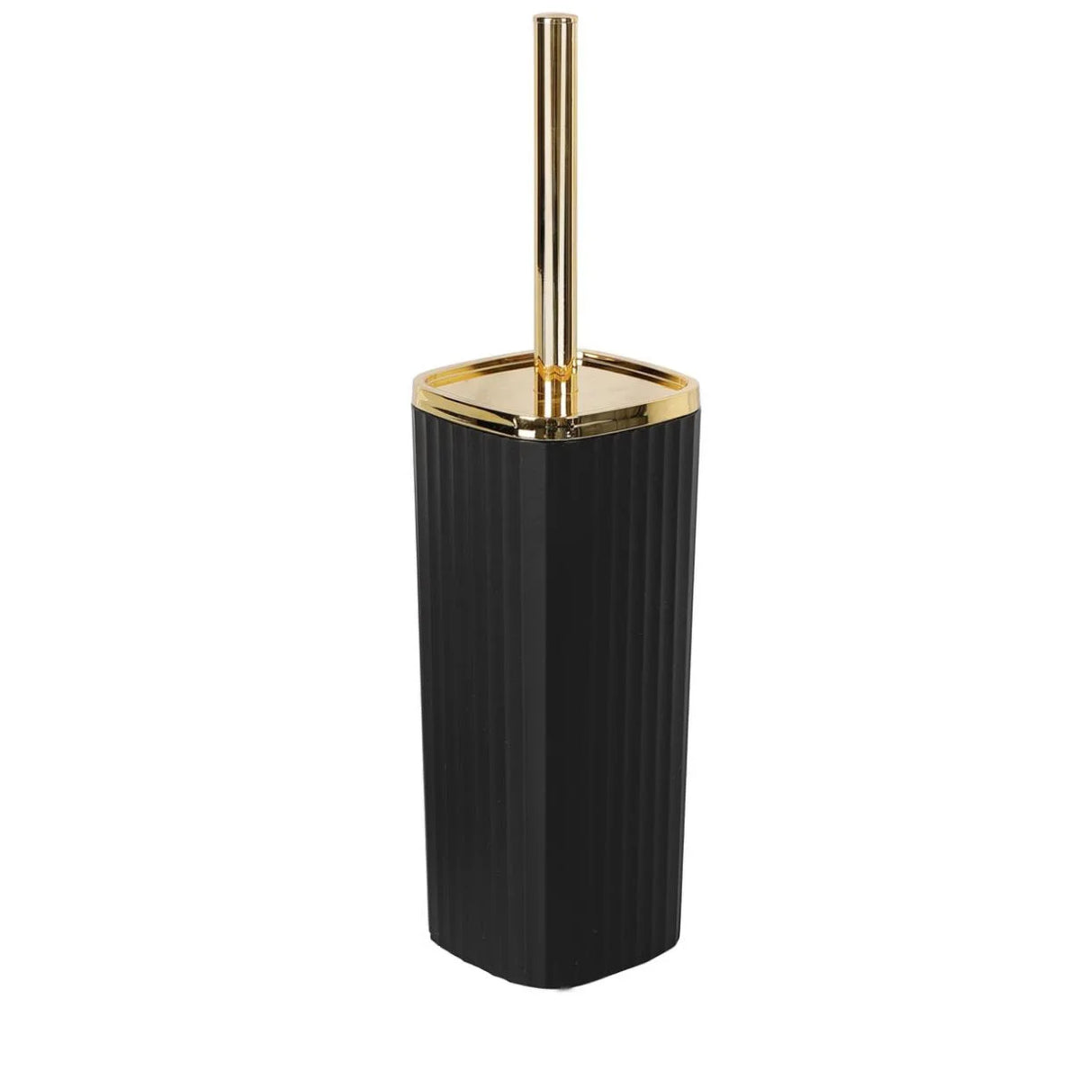 A black toilet brush set with a gold rotating stand.