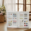 An open guide showing various hand embroidery stitches like French knot, colonial knot, and satin stitch.