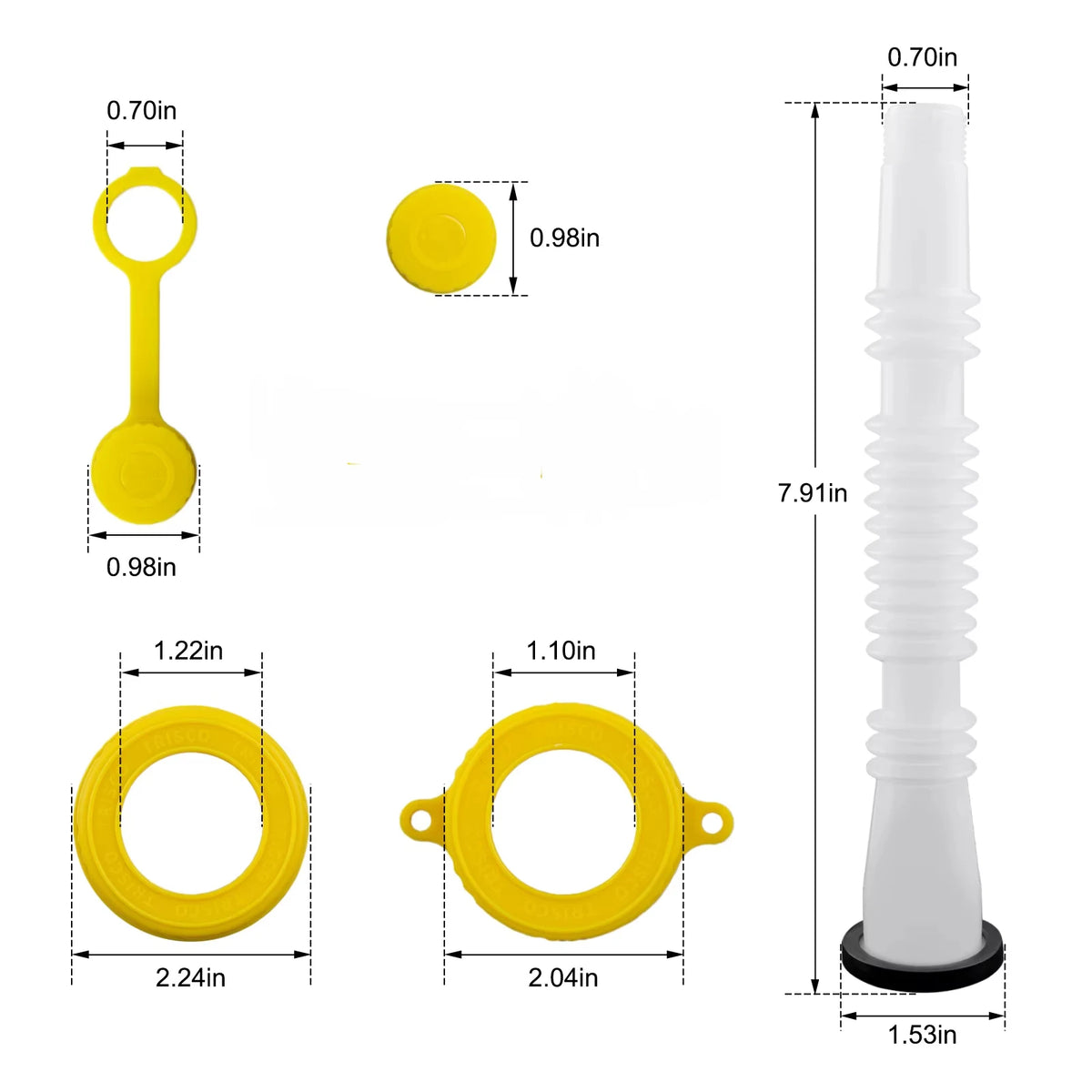 Yellow and white universal flexible gas can spout replacement kit with various sizes and dimensions