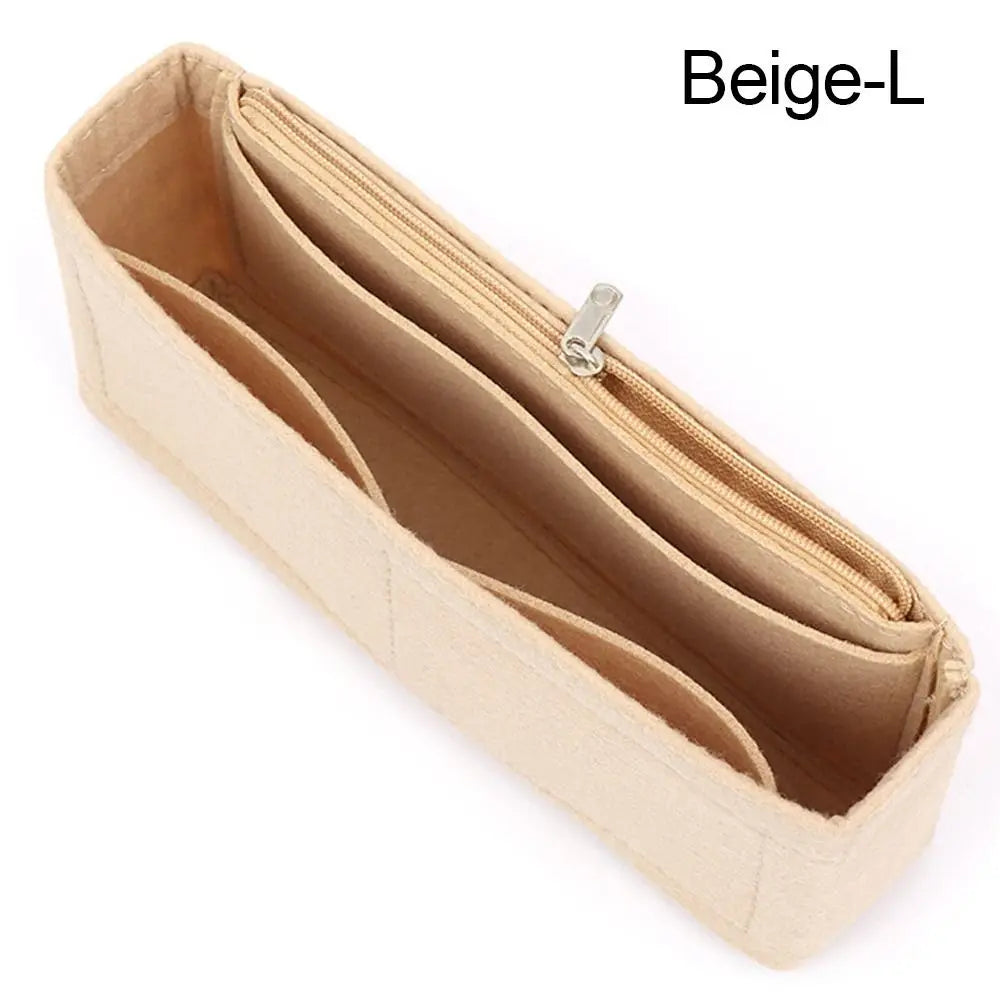 Beige-L soft felt handbag organizer insert with multi-pockets shown in a light beige color.